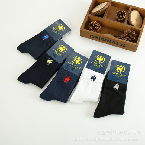 PIER polo socks 5 Pairs Men Pantufa Calcetines male solid color 100% Cotton Harajuku Happy Men's Socks Business Embroidery Meias ► Photo 1/6