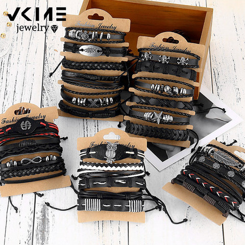 VKME Fashion Men Multilyer Skull Leather Bracelet Unisex Multiple Wristbands Skeleton Bracelets Set Bangles 2022 Party Jewelry ► Photo 1/6