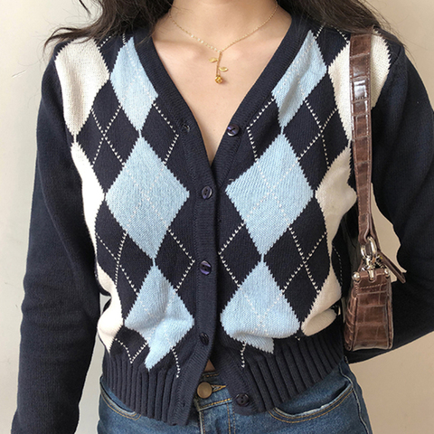 Vintage V-Neck Plaid Long Sleeve Women Sweater 2022 Autumn Winter Short Knitted Cardigan Sweaters Womes England Style Tops ► Photo 1/6