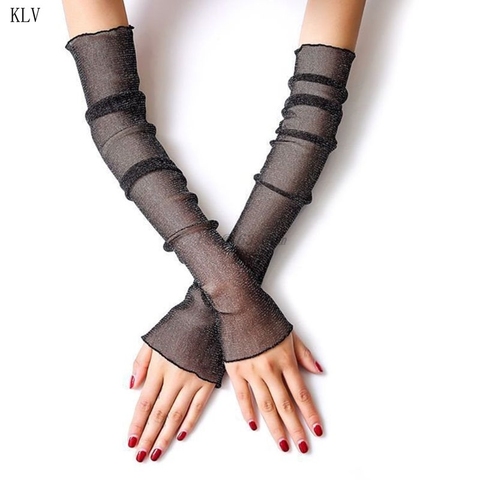 Women Girls Ultra-Thin Sheer Glitter Mesh Long Lace Gloves Metallic Shimmer UV Protection Arm Sleeves Ruffles Trim Driving Prote ► Photo 1/6