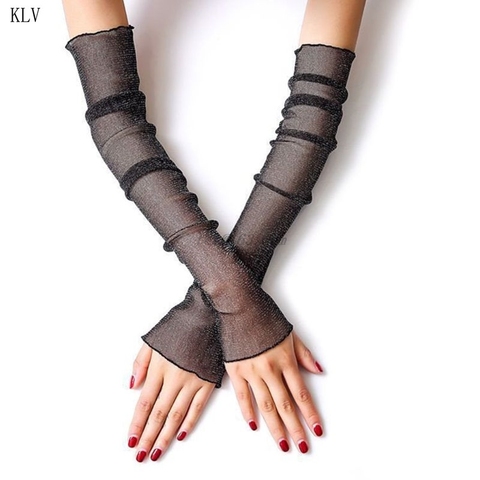 Women Girls Ultra-Thin Sheer Glitter Mesh Long Lace Gloves Metallic Shimmer UV Protection Arm Sleeves Ruffles Trim Driving Prote ► Photo 1/6