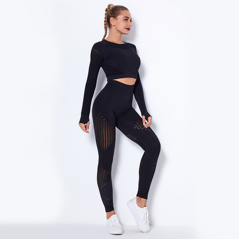 Women 2pcs Seamless Yoga Set Sportswear Gymwear Suit Long Sleeve Gym Workout