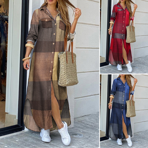 ZANZEA 2022 Fashion Female Longue Robe Women Autumn Vintage Long Sleeves Maxi Shirt Dress Casual Plaid Vestidos Plus Size 5XL ► Photo 1/6