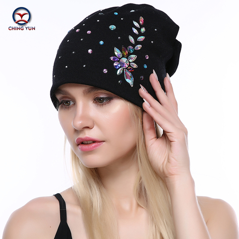 CHING YUN Women Cashmere knit hat new soft Winter Warm Rhinestone embroidery High Quality Female Solid Color Knitted Hat B19-13 ► Photo 1/6