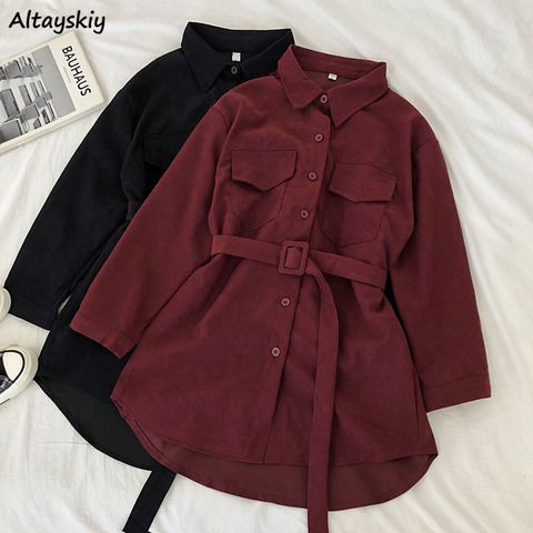 Corduroy Long Sleeve Dress Women Solid Buttons Pockets Turn-down Collar Simple Elegant Sashes All-match Womens Vintage Harajuku ► Photo 1/6