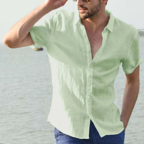 Men's Shirts Linen Short Sleeve Summer Solid Shirts Casual Loose Turn-down Collar Blouse Male Breathable Shirt Chemises homme ► Photo 1/6