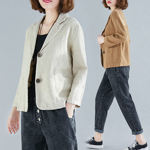 Spring Summer Short Coat Cotton and linen Blazer Suit Collar Jacket Women's Casual Solid Color 3/4 Sleeves Shirt Plus Size f2879 ► Photo 1/6