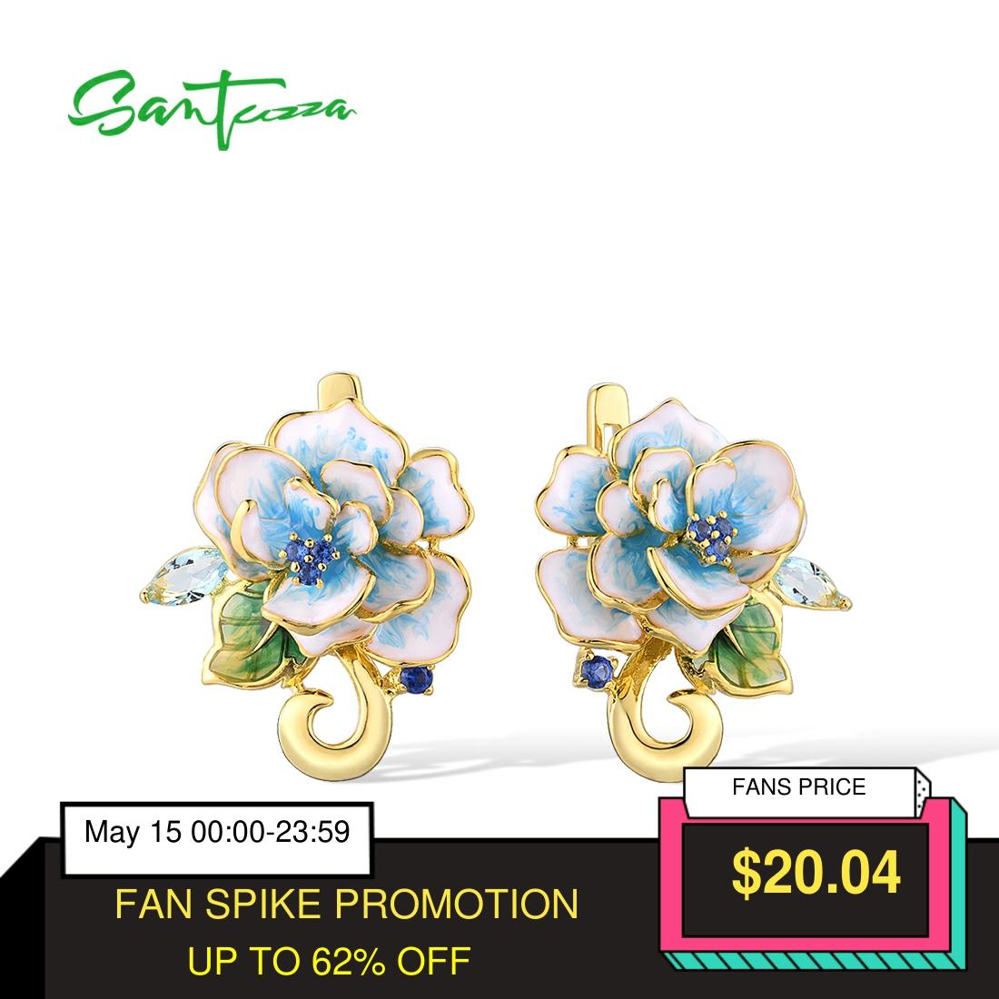 SANTUZZA Pure 925 Sterling SilverEarrings For Women Gold Color Blue Blooming Flower Gift Party Fine Jewelry Handmade Enamel ► Photo 1/6