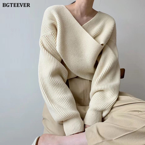 BGTEEVER Fashion V-neck Cross Women's Sweater Jumpers Streetwear Loose Knitwear Autumn Winter Solid Female Knitted Pullovers ► Photo 1/6