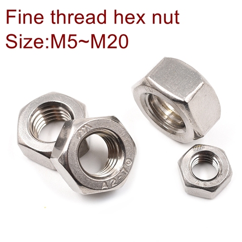 DIN934 Fine thread hex nut Stainless steel A2 SUS 304 M6*0.75,M8*1.0,M10*1.0/1.25,M12*1.0/1.25/1.5,M14*1.5,M16*1.5,M20*1.5 ► Photo 1/6