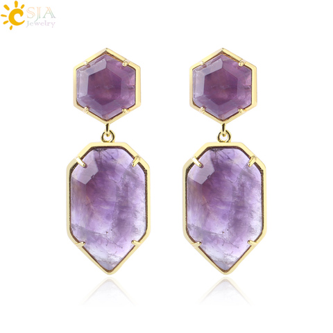 CSJA Polygons Crystal Stud Earrings for Women Gold Color Long Natural Stone Earring Purple White Quartz Black Onyx Jewelry F780 ► Photo 1/6