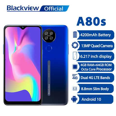 Blackview A80s Helio A25 Android 10 Smartphone 4GB RAM 64GB ROM 13MP Quad Camera 4200mAh 6.2“ Waterdrop Screen 4G Moibile Phone ► Photo 1/6