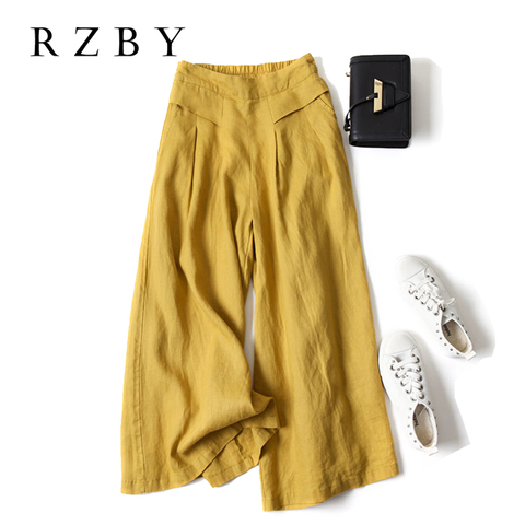 2022 Summer Women Aesthetic Style  Elastic Waist Solid Pants All-matched Casual  Wide Leg Cotton Linen Loose Pantalon RZBY260 ► Photo 1/6