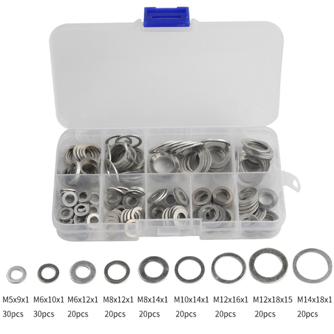 Hot Sale 200Pcs 9 Sizes Aluminum Flat Washer Gasket Set Flat Ring Seal Kit Set with Box M5/M6/M8/M10/M12/M14 ► Photo 1/6