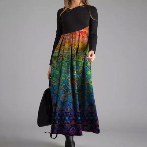 2022 new Women Autumn Winter Long Sleeve Digital Print Patchwork Large Hem Maxi Dress for Women Ethnic Style drop shipping ► Photo 1/6