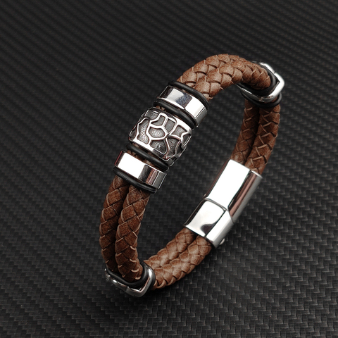 MingAo Punk316l Stainless Steel Irregularly Cracked Bead Bracelet Genuine Braided Leather Male Bracelets & Bangles Men's Jewelry ► Photo 1/6