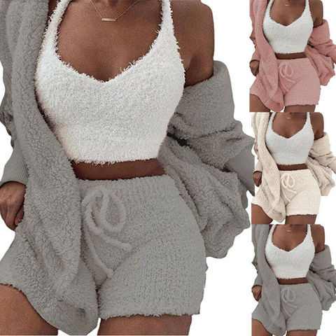 Women Fluffy Soft Pajama Sets Fleece Long Sleeve Nightwear Plush Hooded Coat+Shorts  Comfortable Sleepwear 3PCS ► Photo 1/5