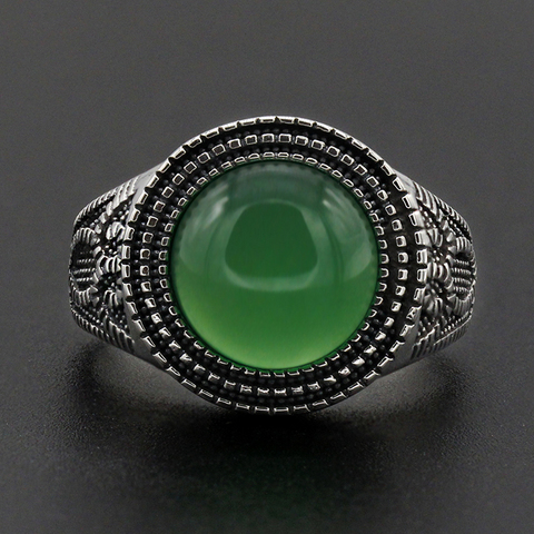 Men Ring 925 Sterling Silver Round Shape Green Natural Stone Similar to Owl Pattern Vintage for Women Men Lovers Jewelry ► Photo 1/6