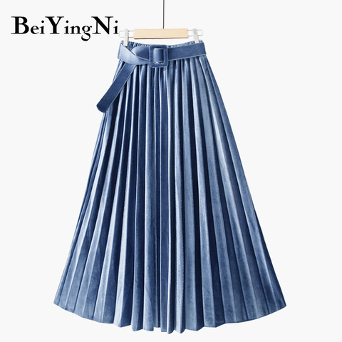 Beiyingni Autumn Winter Skirt Women With Belt Long Metallic Silver Maxi Pleated Skirt Midi High Waist Fashion Vintage Saia Party ► Photo 1/6