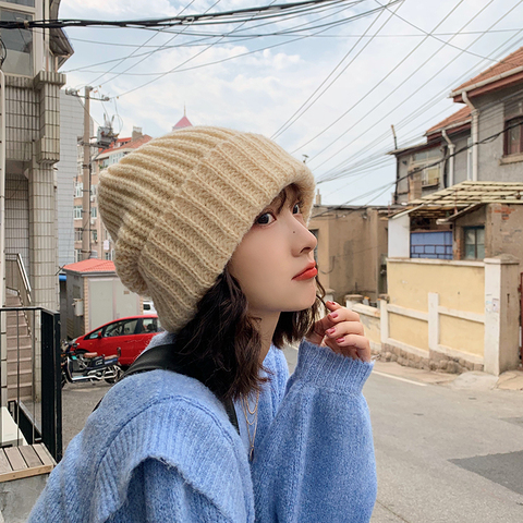 2022 Women Hat Knitted  Winter Warm Cap Female Hip Hop Solid Color Cotton Knitting Muts  Curled Coarse Wool Multicolor Big hat ► Photo 1/6