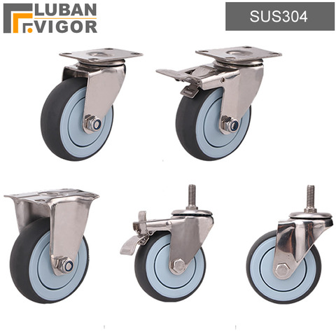 304 stainless steel casters wheels, 3 / 4/ 5 inch ,Soft rubber tread, No rust,Medical wheel food factory Silent flat push wheel ► Photo 1/6