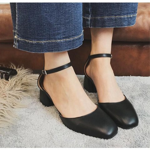EOEODOIT Spring Autumn Mary Janes Shoes Women Retro Square Toe Leather Pumps Med Chunky Heels 5 cm Ankle Buckle ► Photo 1/6