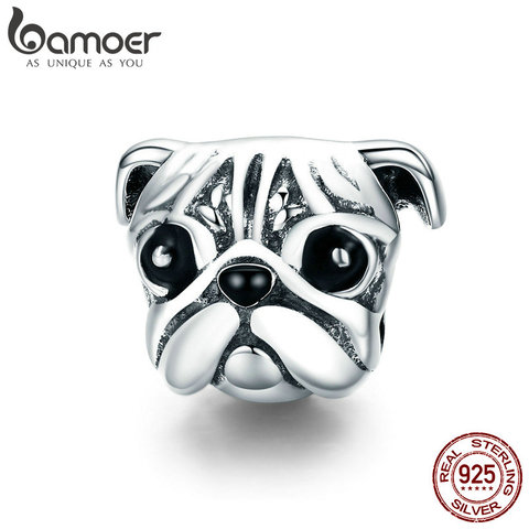 BAMOER 100% 925 Sterling Silver Lovely Animal Pug Dog Head Charm Beads fit Women Charm Bracelets & Necklaces DIY Jewelry SCC834 ► Photo 1/6