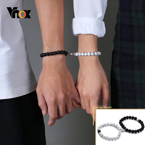 Vnox Women Men Attractive Couples Charm Bracelets 8 MM Natural Volcanic Stone Beads Valentine's Day Anniversary Gifts Jewelry ► Photo 1/6