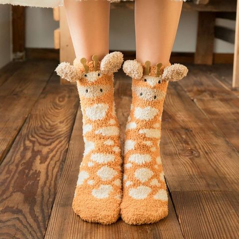 Women Winter Fluffy Fuzzy Slipper Socks 3D Cartoon Animal Coral