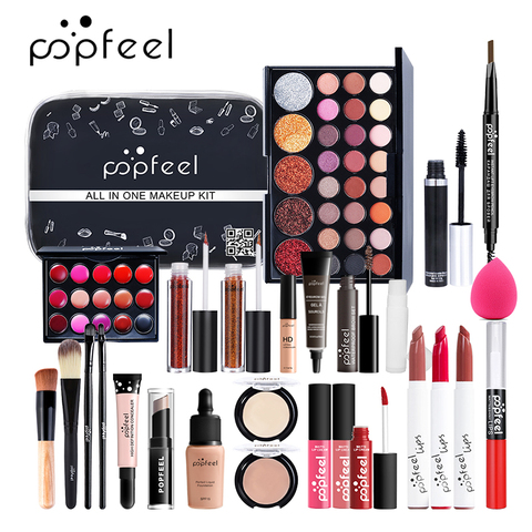 POPFEEL ALL IN ONE Full Professional Cosmetics Makeup kit(eyeshadow, lip gloss,lipstick,makeup brushes,eyebrow,concealer)withbag ► Photo 1/6