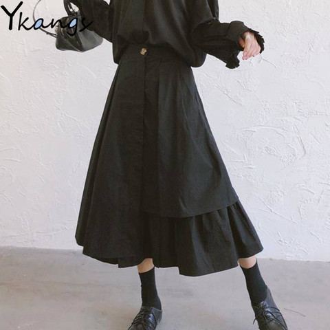 vintage summer New Black Long Pleated Skirt Women White High Waist Irregular Skirt Big Swing Midi Skirt Gothic Streetwear saias ► Photo 1/6