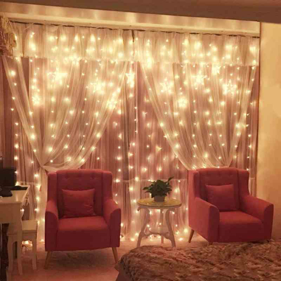 6M×3M Twinkle Star 600 LED Window Curtain String Lights for Xmas Party White 