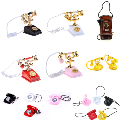 Retro Desk Phone Vintage Telephone Dolls Houses Furniture Acc Decor Children Pretend Play Toy 1/12 Metal Dollhouse Miniature ► Photo 1/6