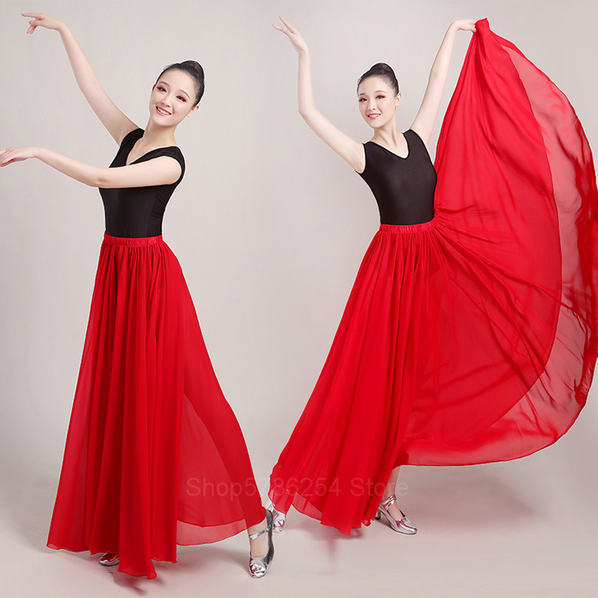 Satin Chiffon Layer Dance Swing Skirt Modern Spanish Flamenco Ballroom Dancewear 