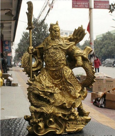 Chinese heroic Guan Gong Yu Bronze Warrior God Stand in Dragon Statue 