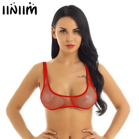 Womens Lingerie Exotic Bra Sissy Femme Underwear See Through Fishnet Hollow Out Wide Shoulder Straps U-neckline Vest Crop Top ► Photo 1/6