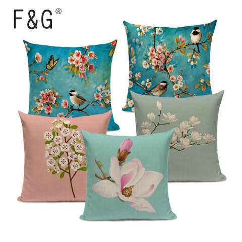 Watercolor Flower Cushion Cover Vintage Bird Blue Pink Pillow Case Transparent Flowers Sofa Decorative Pillow Cover 45*45cm ► Photo 1/6
