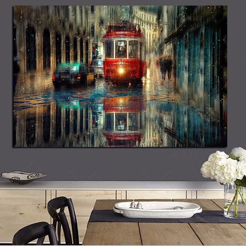 Large Retro Tram Rain City Street Oil Painting Graphic Artwork Canvas Poster and Print Cuadros Wall Art Pictures For Living Room ► Photo 1/5