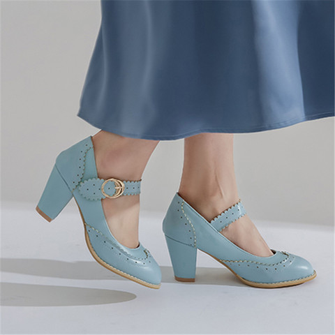 2022 Fashion Womens Shoes blue  Pink Red Black Block Women Heels Mary Jane Party High Heel Shoes Plus Size 32-43 Pumps ► Photo 1/6