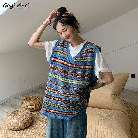 Striped Knitted Sweater Vest Women Vintage V-neck Loose Korean Simple All-match Fashion Female Harajuku Leisure Street-wear Chic ► Photo 1/6