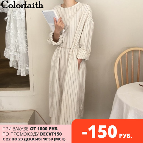 Colorfaith New 2022 Autumn Winter Women Dresses Sashes Straight Prairie Chic Elegant Striped Midi Ankle-Length Female DR1695 ► Photo 1/6