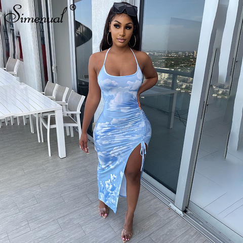 Simenual Tie Dye Drawstring Side Slit Women Maxi Dresses Strap Sleeveless Party Club Fashion Slim Backelss Bodycon Halter Dress ► Photo 1/6