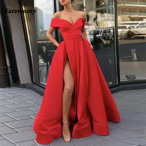 Red Dresses 2022 Off the Shoulder High Slit Prom Gown with Pockets vestidos de fiesta largos elegantes de gala - Price history & Review | AliExpress - Satsweety Store | Alitools.io