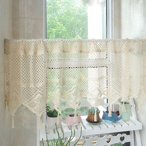 1pc Home Decor American Style Cotton Linen blending Crocheted Hollow Half Curtain Coffee curtains Small curtain Cabinet curtain ► Photo 1/5