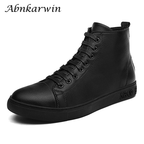 Mens Leather Sneakers Black High Top Men Shoes Casual Autumn Winter Ankle Zapatos De Hombre Casuales Cuero Hip Hop Shoes Size 48 ► Photo 1/6