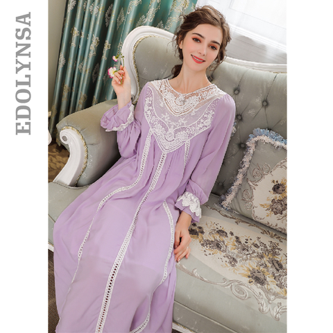 Women Sleepwear Lace Long Sleeves Vintage Princess Sleep Lounge Dress Light Blue Elegant Summer Cotton Nightgowns Plus Size T25 ► Photo 1/6