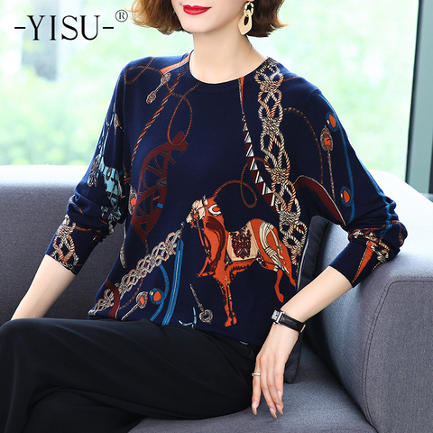 YISU Autumn Women Printed sweater Elegant O-neck Loose Knitted Sweater Female Casual Long Sleeve Warm plus size Pullover Jumpers ► Photo 1/6