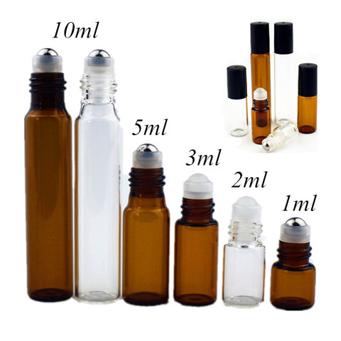 5PC/Pack 1ml 2ml 3ml 5ml 10ml Amber Thin Glass Roll on Bottle Sample Test Essential Oil Vials with Roller Metal /Glass Ball ► Photo 1/6