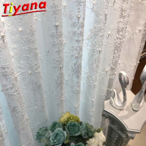 White Curtains Contain Pearls Elegant Nordic Geometric Embroidery Beads Tulle for Living Room Finished Window Drapes X-HM005D#WS ► Photo 1/6