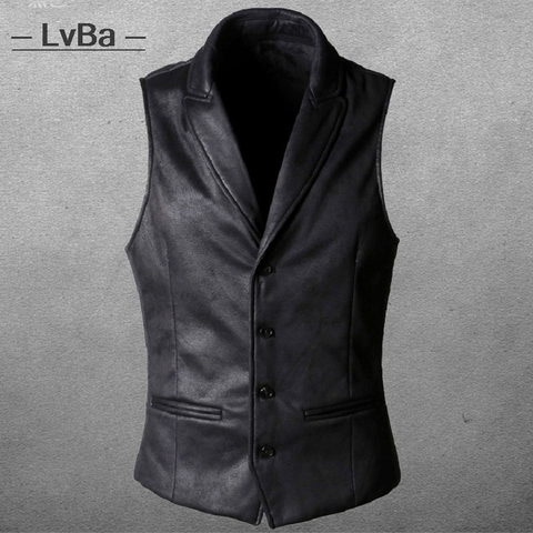 Autumn winter Casual Slim Waistcoat for Men Faux leather fashion leather vest lapel classical Vintage vest European style male ► Photo 1/6